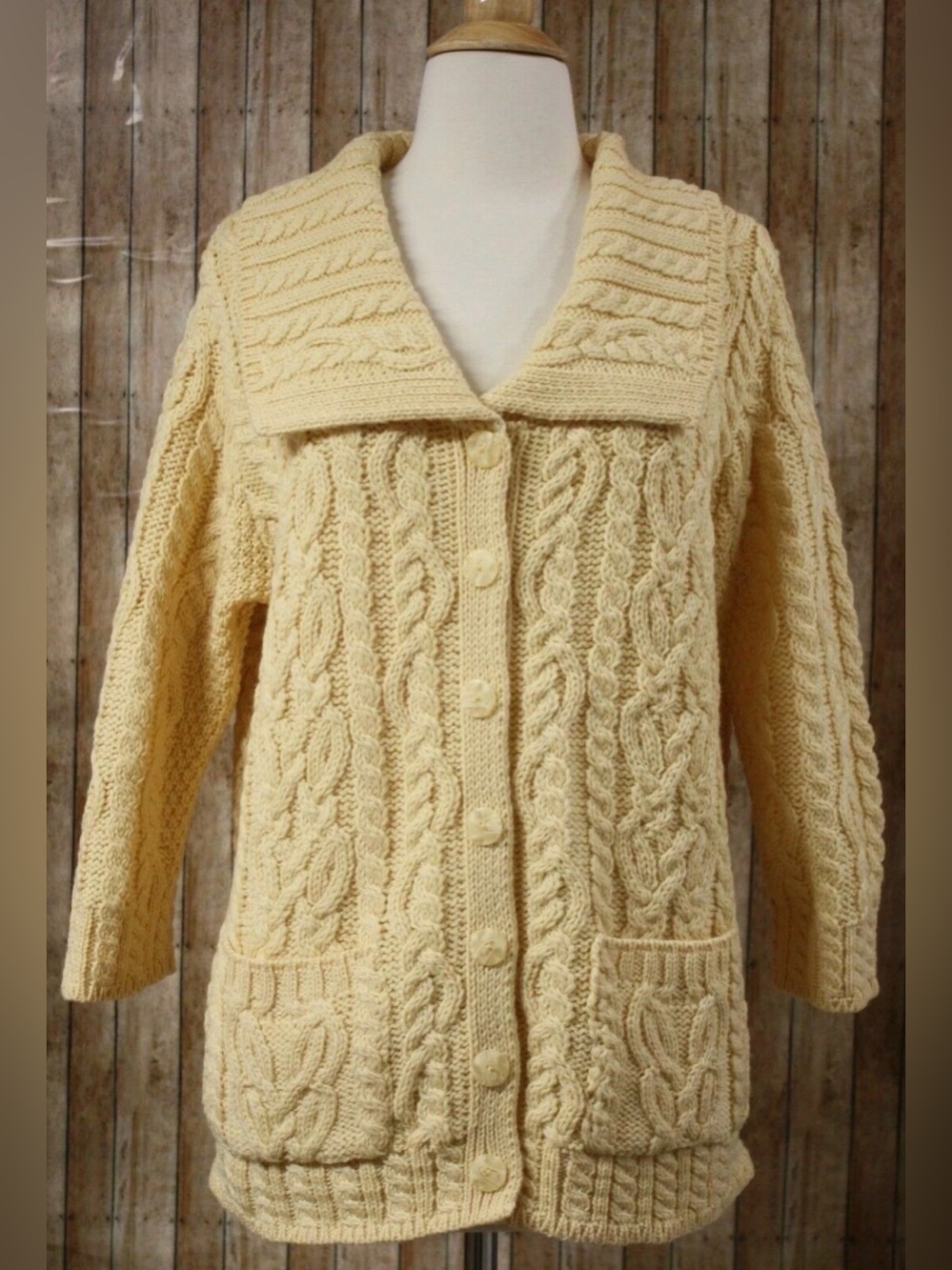 Aran Crafts 100% Merino Wool Irish 3/4 Sleeve Womens Cardigan Button Pockets L